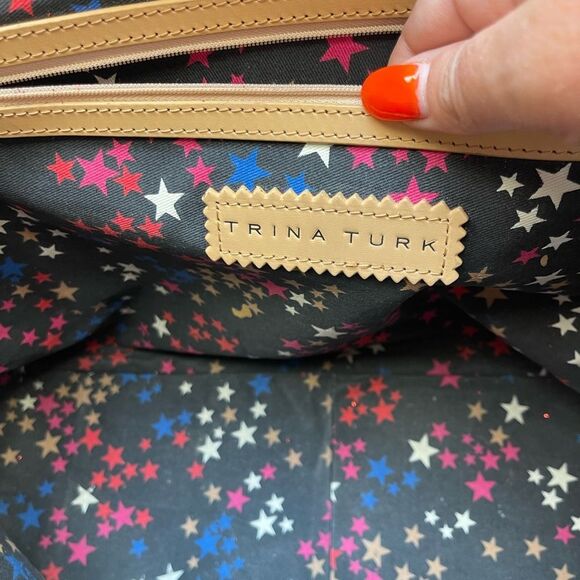 Trina Turk Red Tan Leather Canvas Tote Bag Top Preppy Casual Classic - Picture 14 of 16